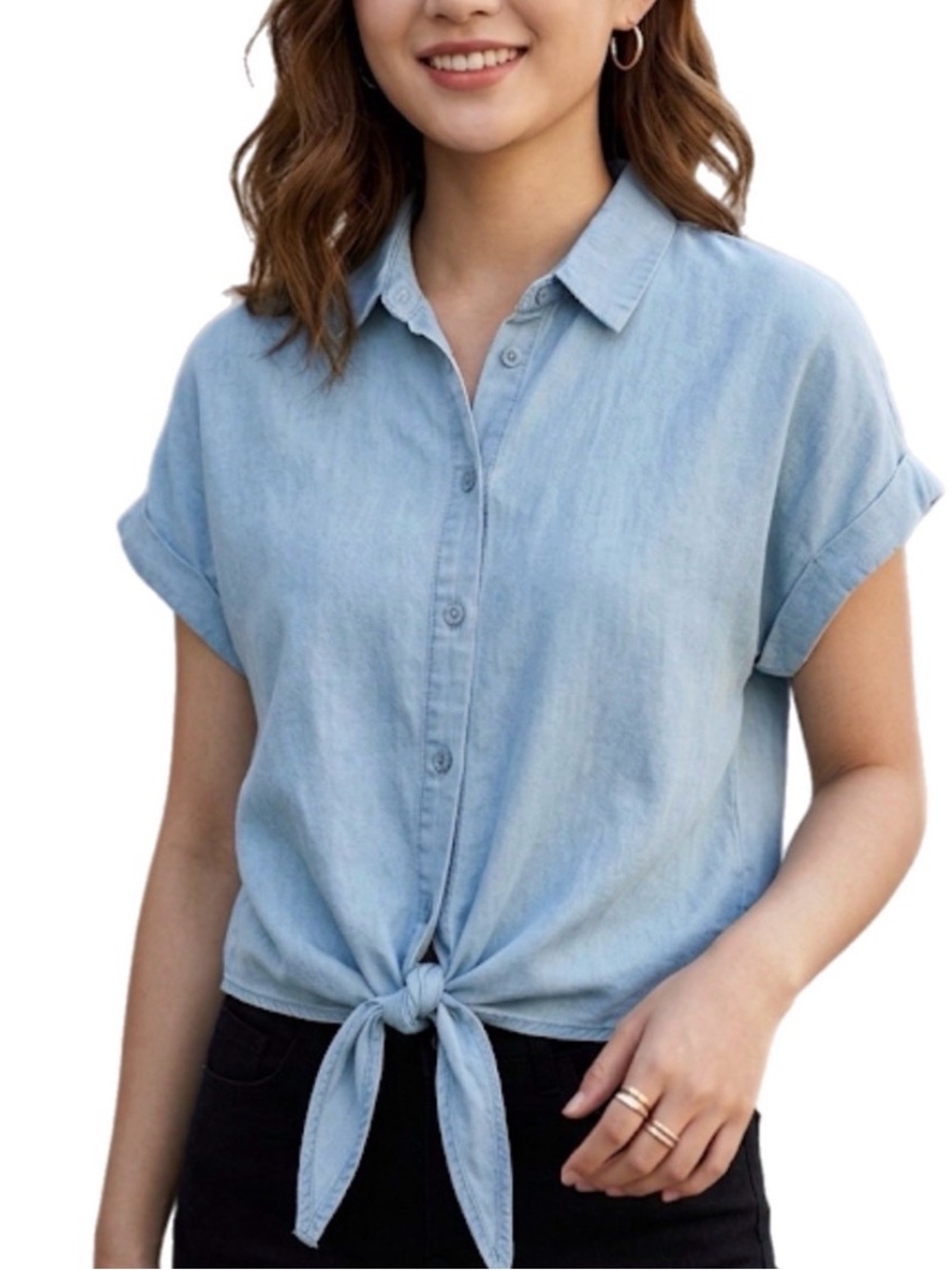 NWT US 2 EU 34 ONLY Light Blue Denim Women’s Button Down Knot Dress Shirt Top